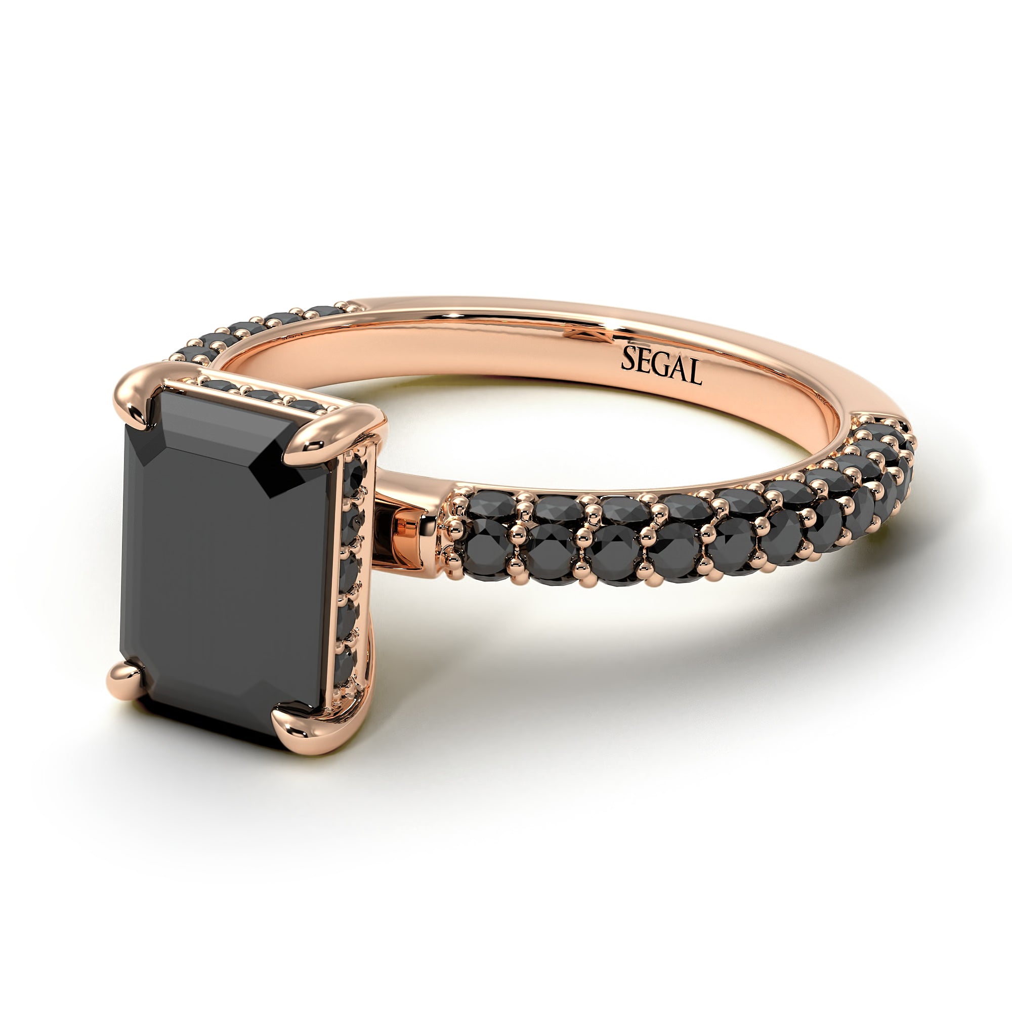 Hidden Halo Emerald Cut Black Diamond Engagement Ring - Ximena No. 38